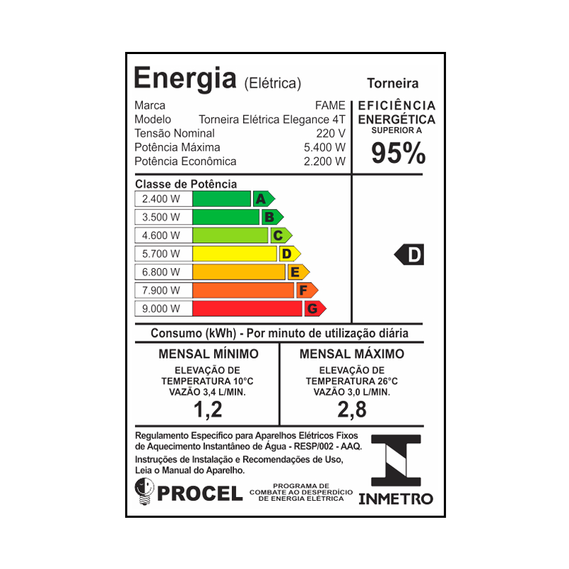 Torneira de Água Quente Elétrica com Bica Móvel e Alta Elegance 4T 5400W  220V Fame